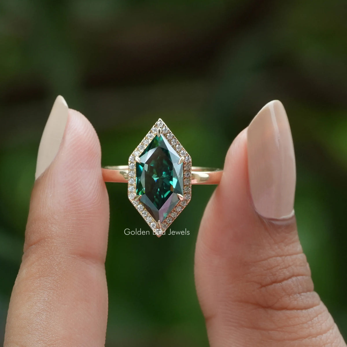 [Dark Green Marquise Cut Moissanite Ring]-[Golden Bird Jewels]