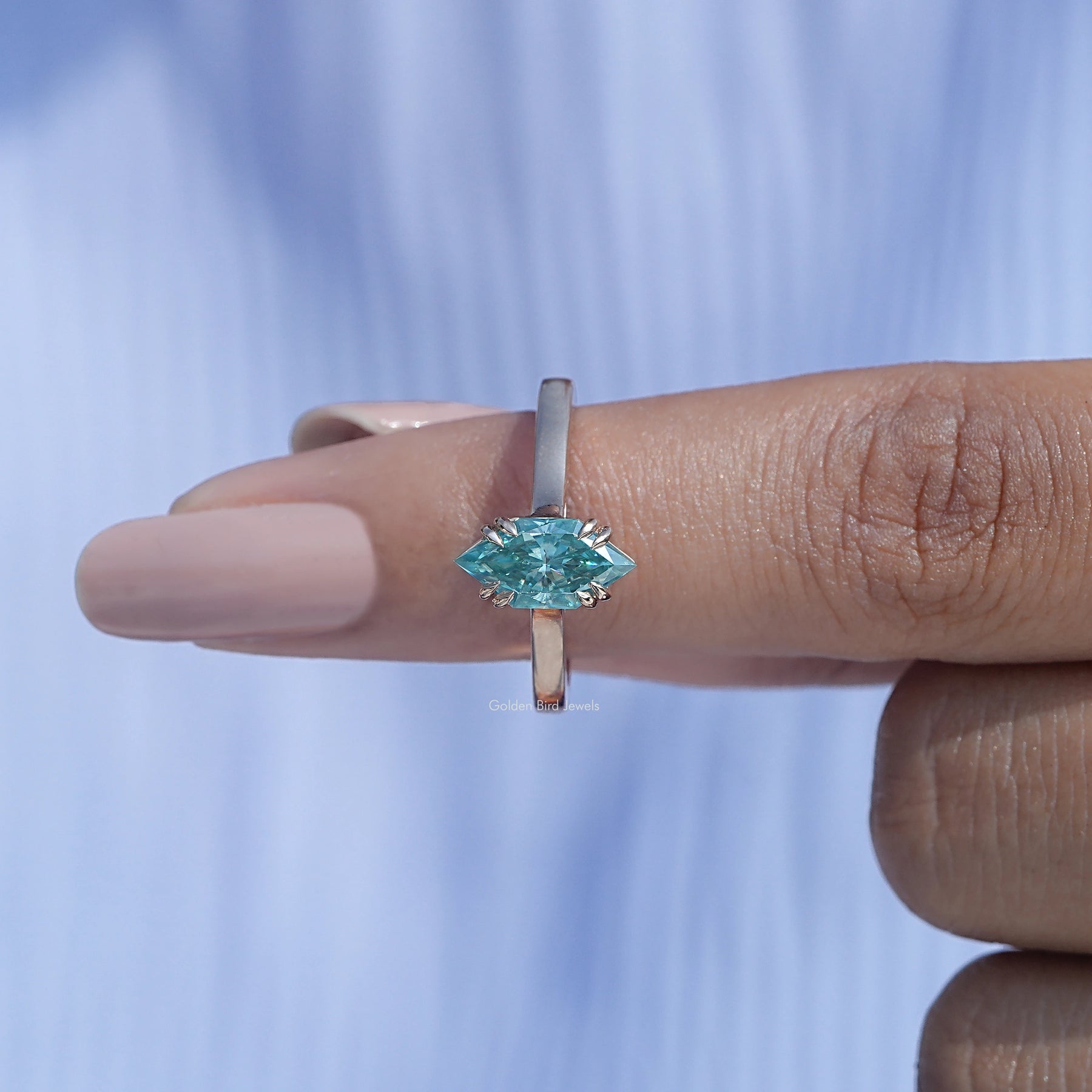 In finger front View of Dutch Marquise Moissanite Ring