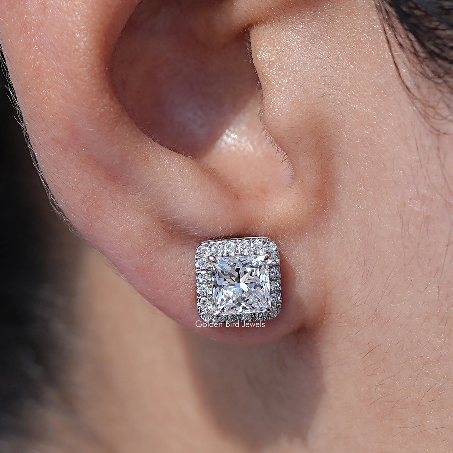 Close up view of Princess Cut Lab Diamond Halo Stud Earrings