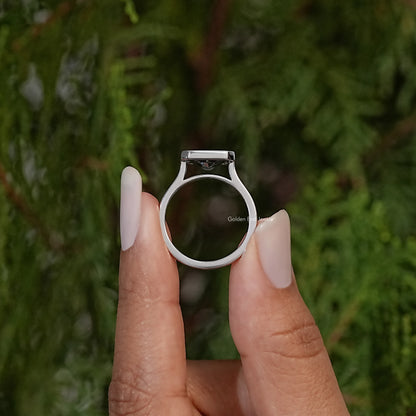 Back view of silver solitaire ring with square gray moissanite center stone