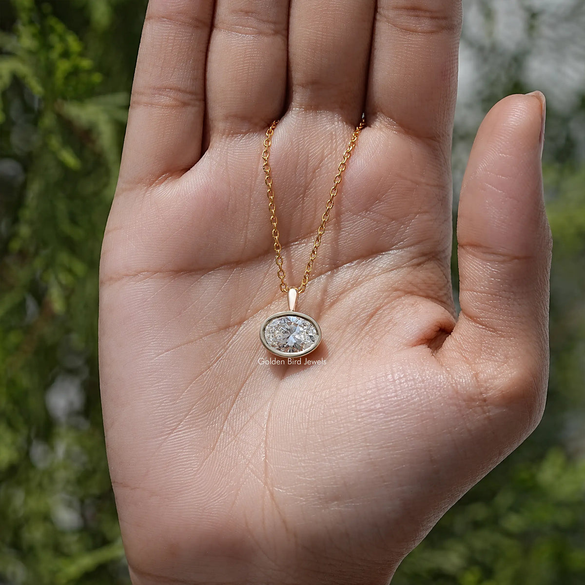 Oval Cut East West Lab Diamond Bezel Set Pendant