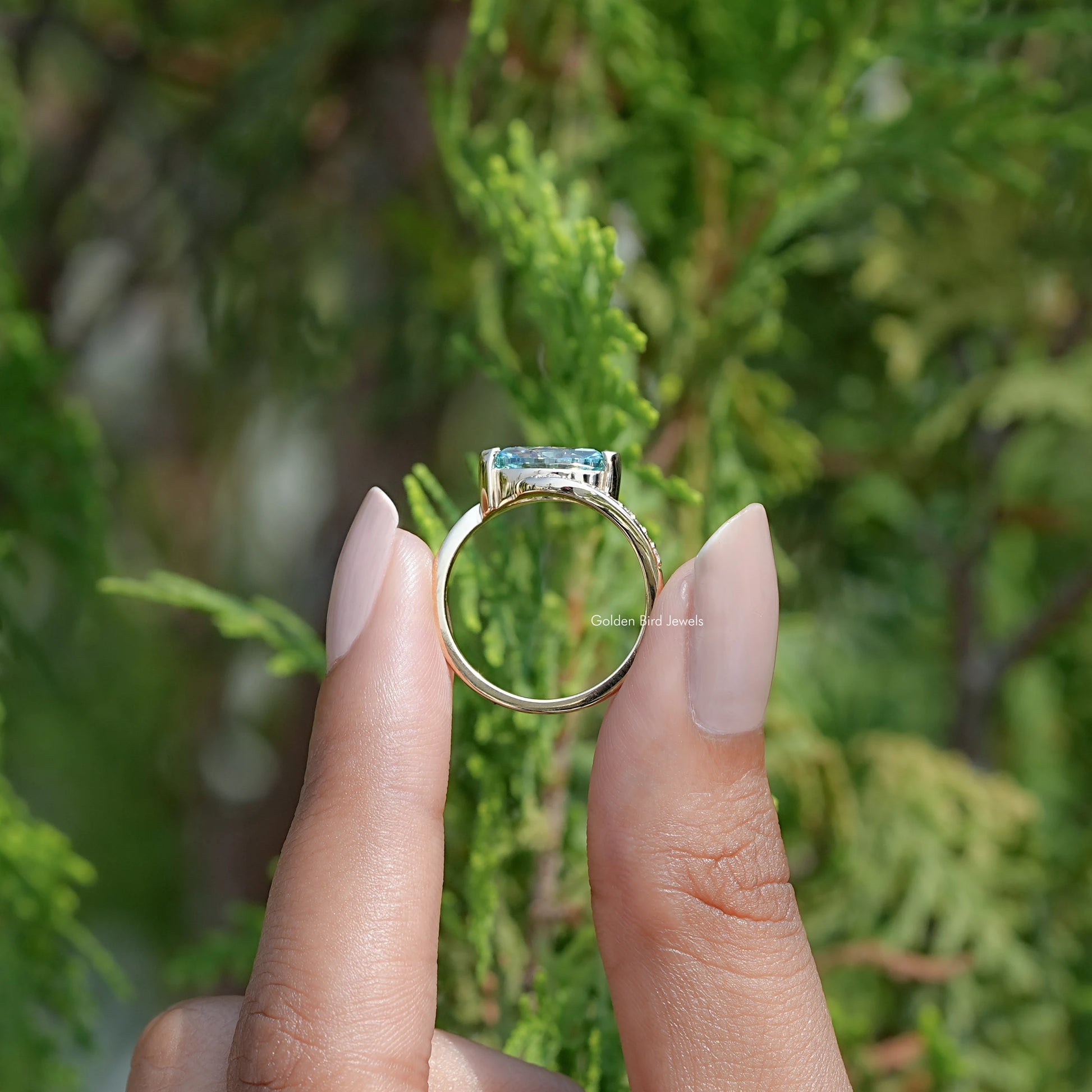 Back view of East West Blue Marquise Moissanite Bypass Ring  
