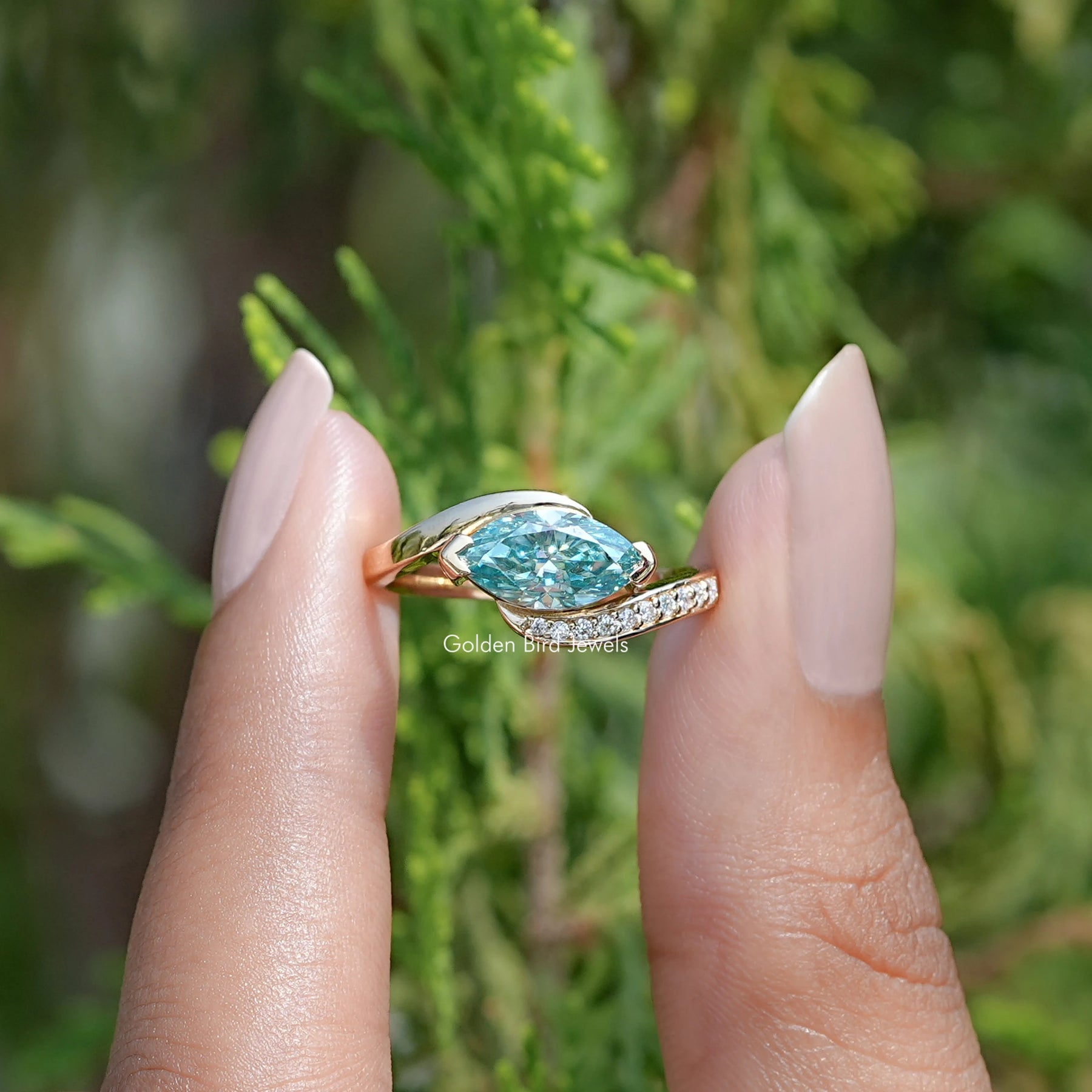 East West Blue Marquise Moissanite Bypass Ring