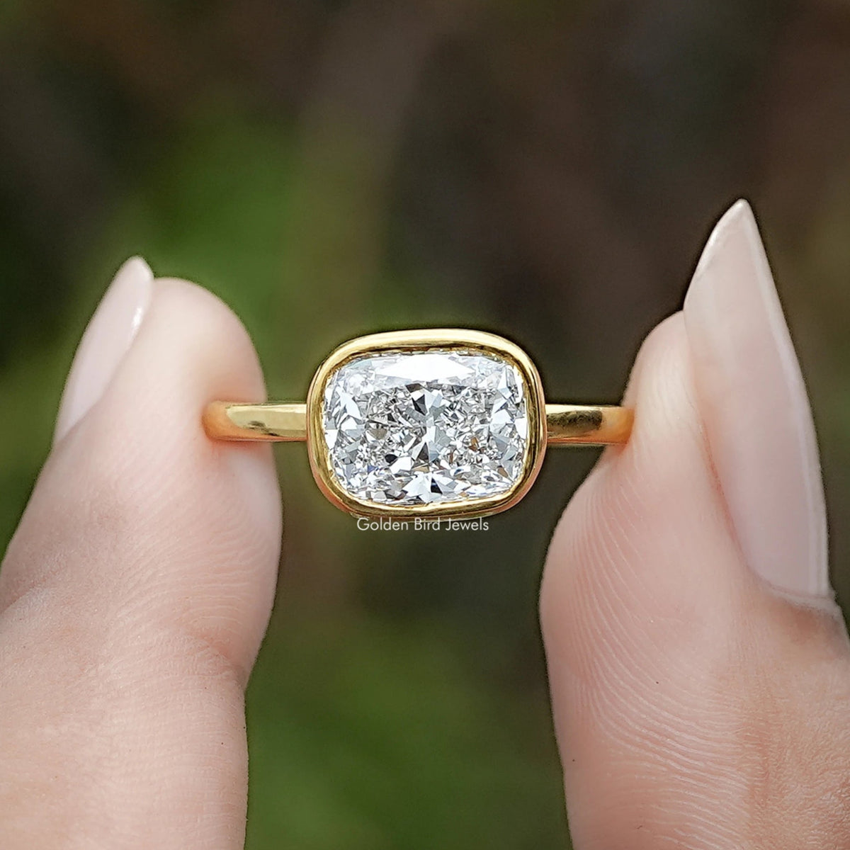 East West Cushion Cut Lab Diamond Bezel Set Ring
