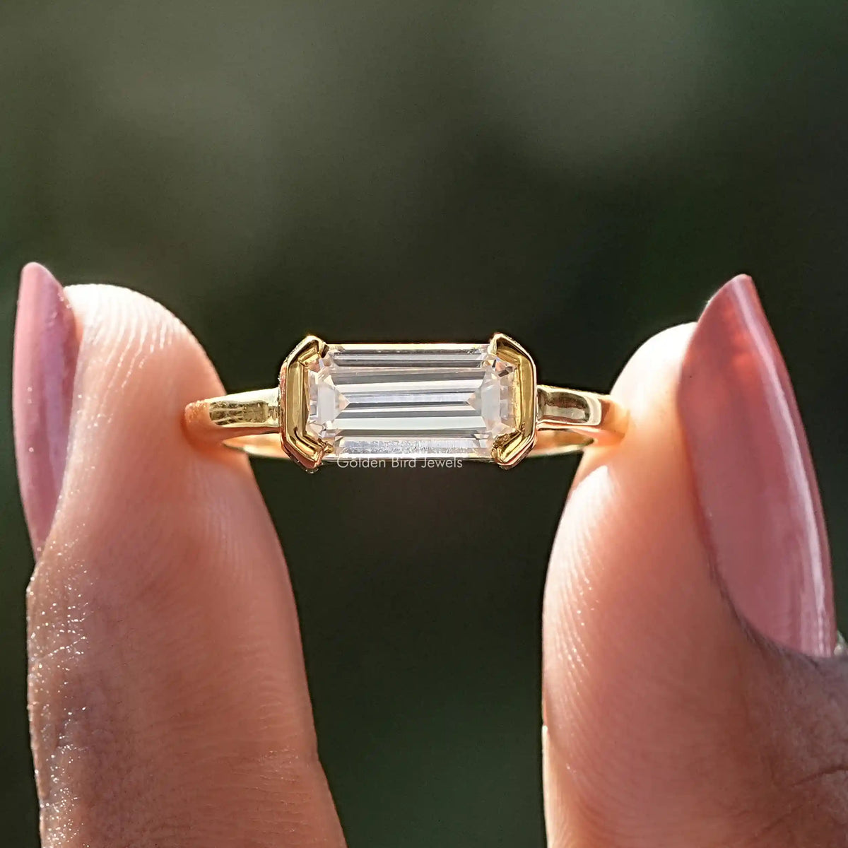 [East West Long Emerald Cut Moissanite Ring]-[Golden Bird Jewels]