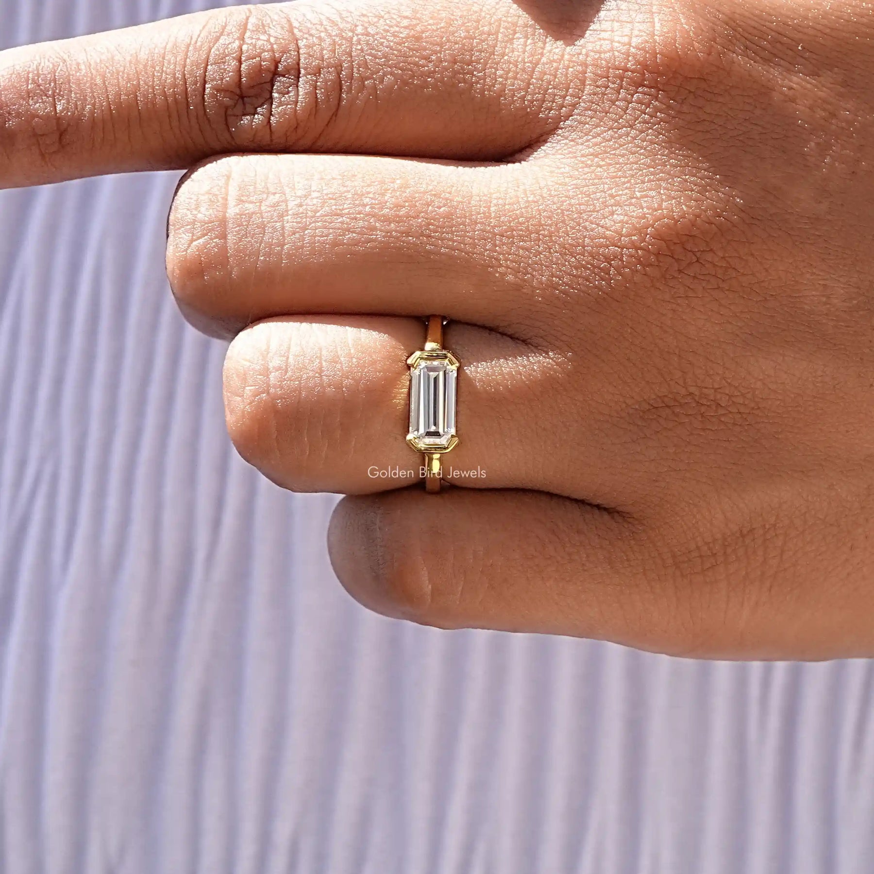 [Long Emerald Cut Moissanite Engagement Ring]-[Golden Bird Jewels]