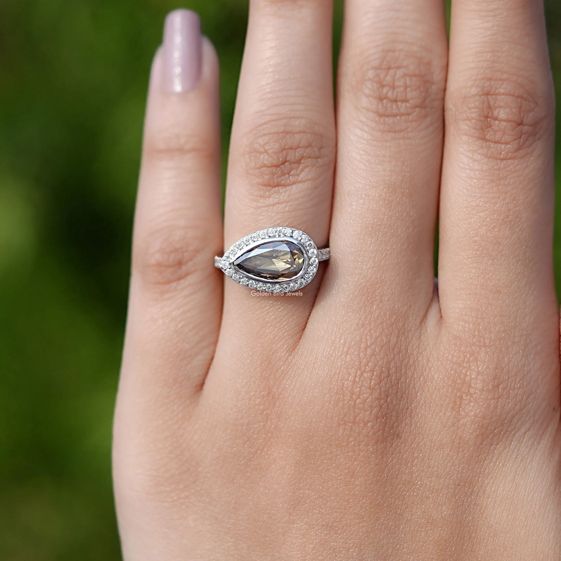 View of Rose Cut Pear Moissanite Ring In Finger