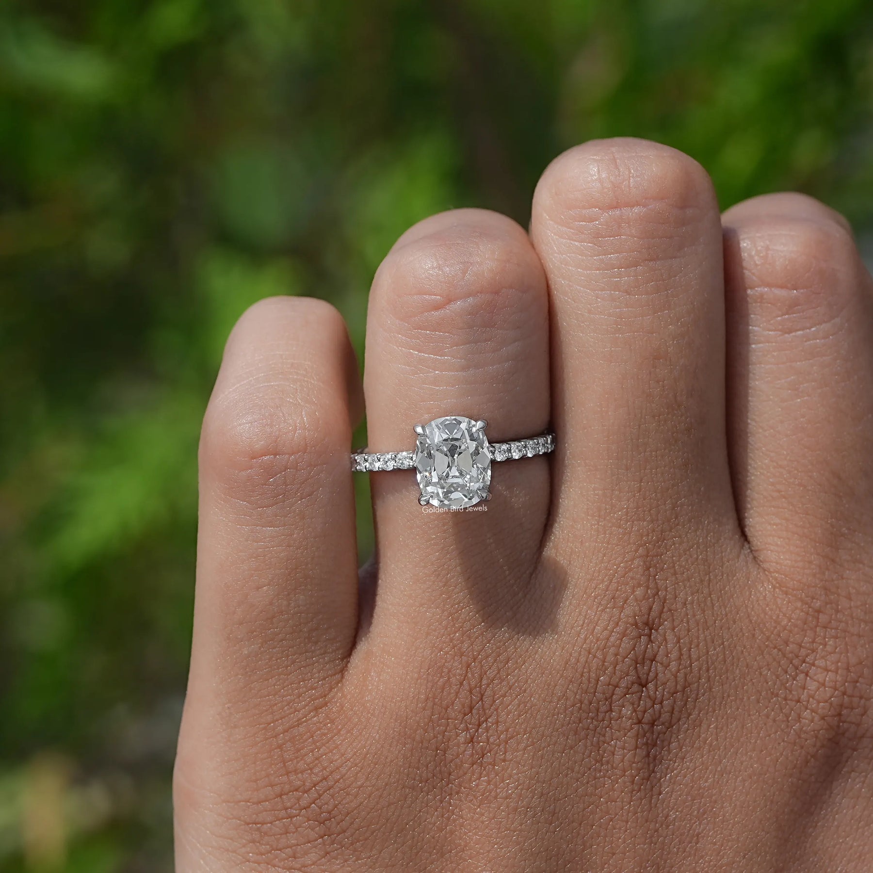 [White Gold Cushion Cut Diamond Ring]-[Golden Bird Jewels]