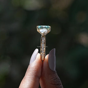 [Blue Green Cushion Cut Moissanite Accent Stone Ring]-[Golden Bird Jewels]