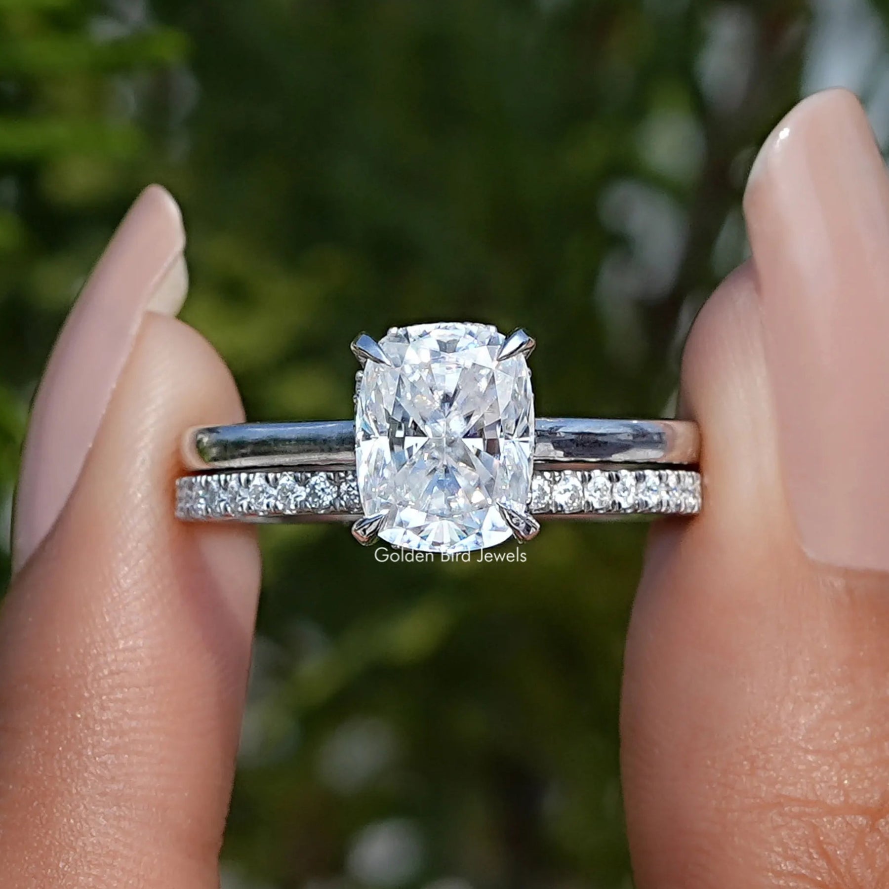 Elongated Cushion Cut Moissanite Bridal Wedding Ring Set