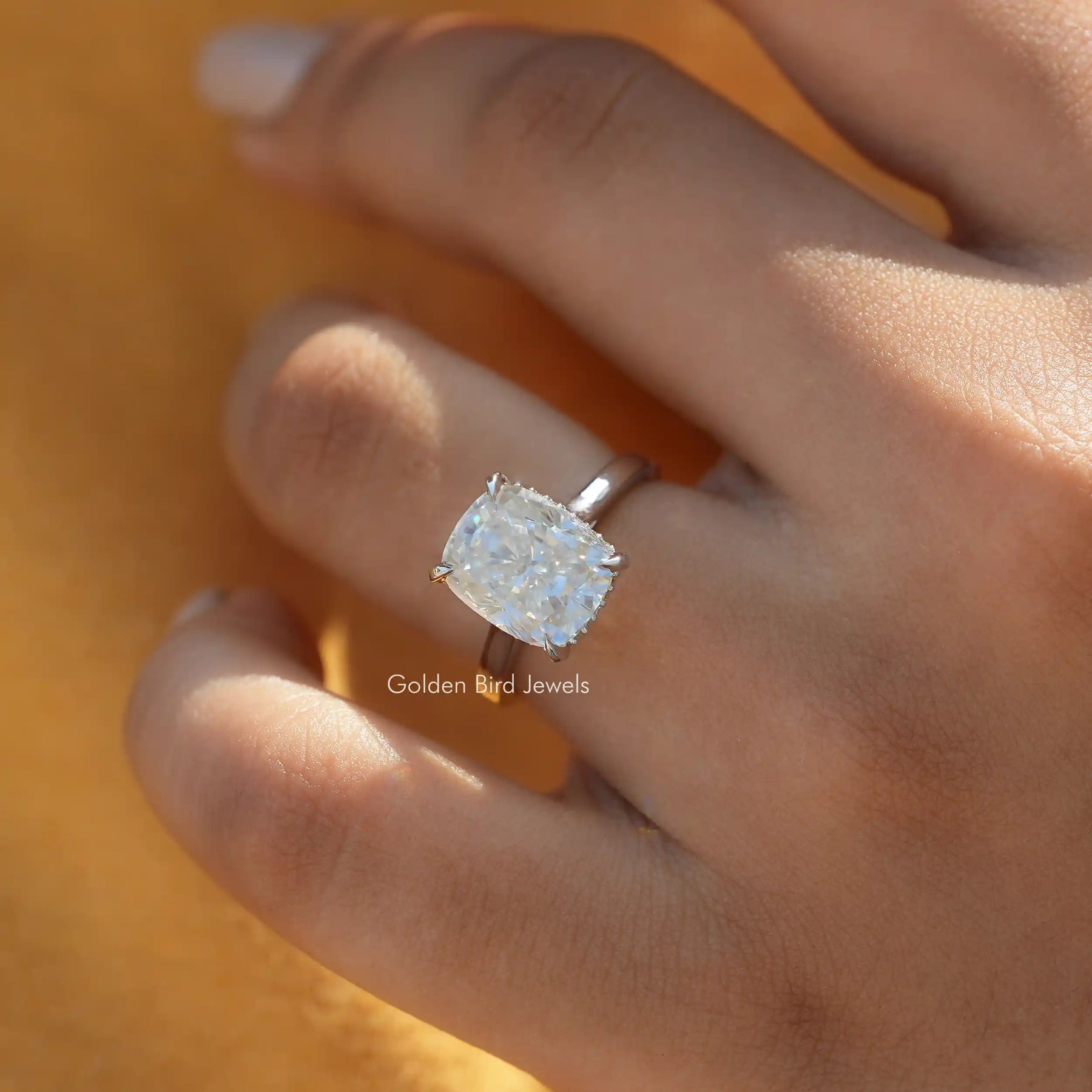 Elongated Cushion Lab Diamond Hidden Halo Ring