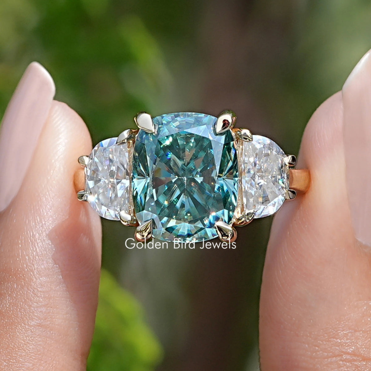Front View Of Cushion Moissanite 3 Stone engagement ring 