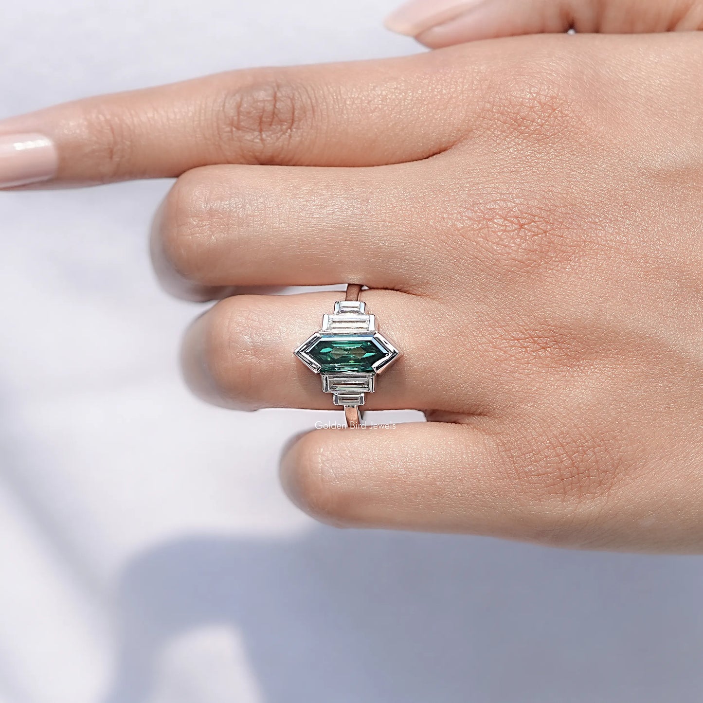 Top view of Hexagon Cut Moissanite Five Stone Ring for women 's wear
