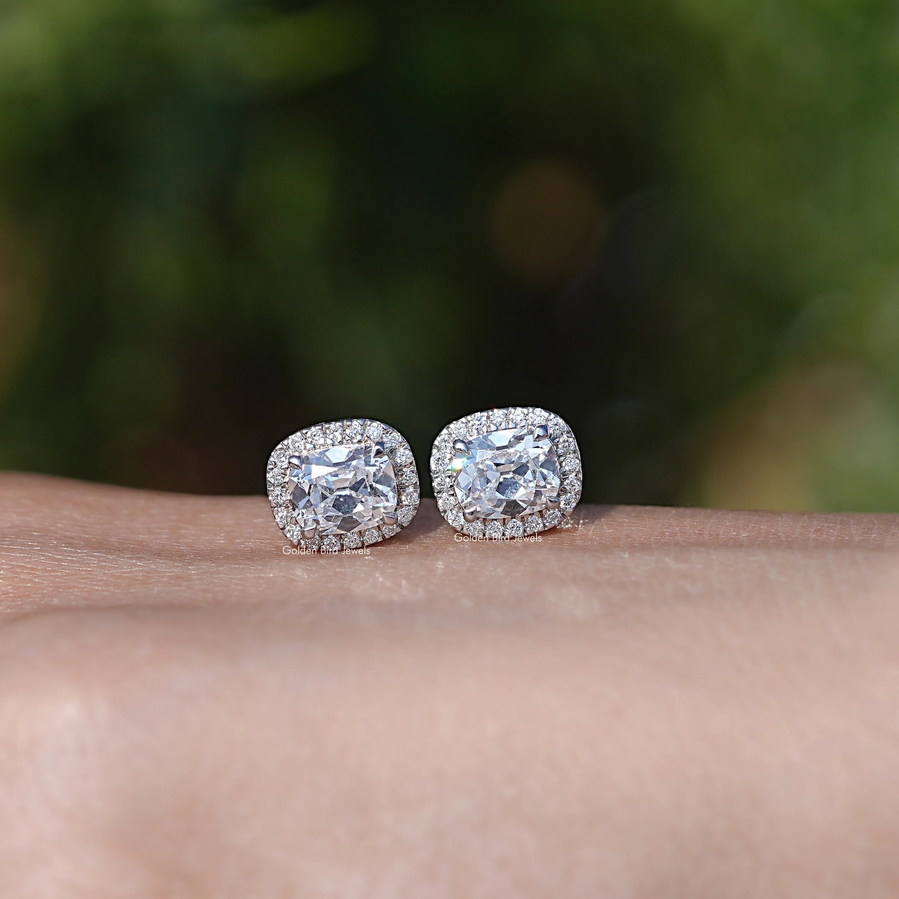 Elongated Old Mine Cushion Diamond Halo Earrings