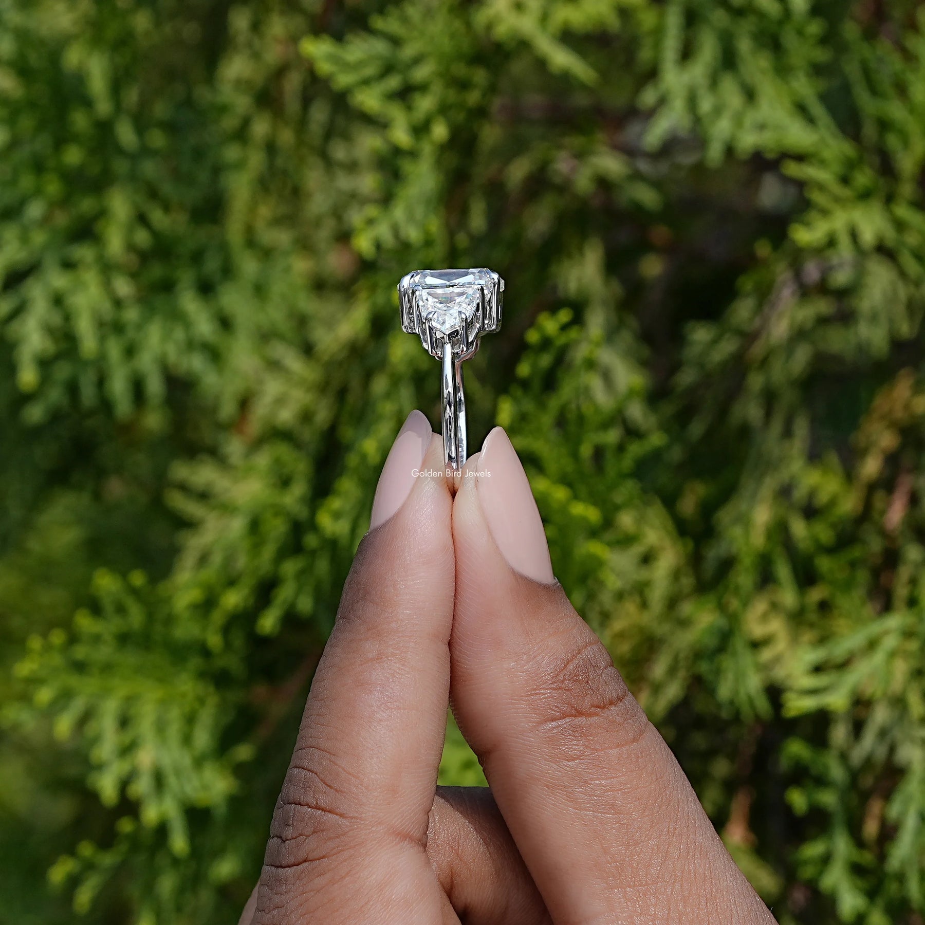 Elongated Old Mine Cushion Moissanite Three Stone Ring