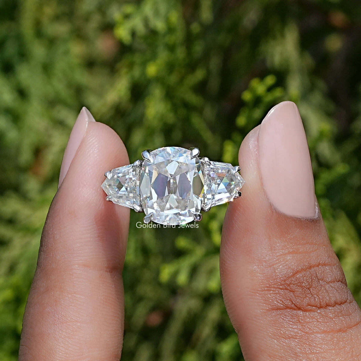 Elongated Old Mine Cushion Moissanite Three Stone Ring