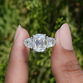 View of old mine elongated cushion cut moissanite three stone Wedding Ring