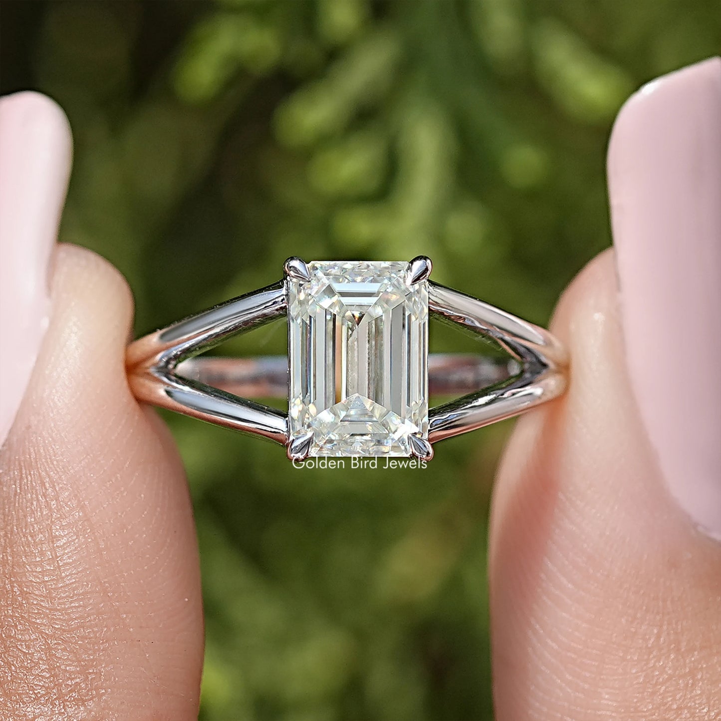 Emerald Cut Moissanite Gemstone Split Shank Ring