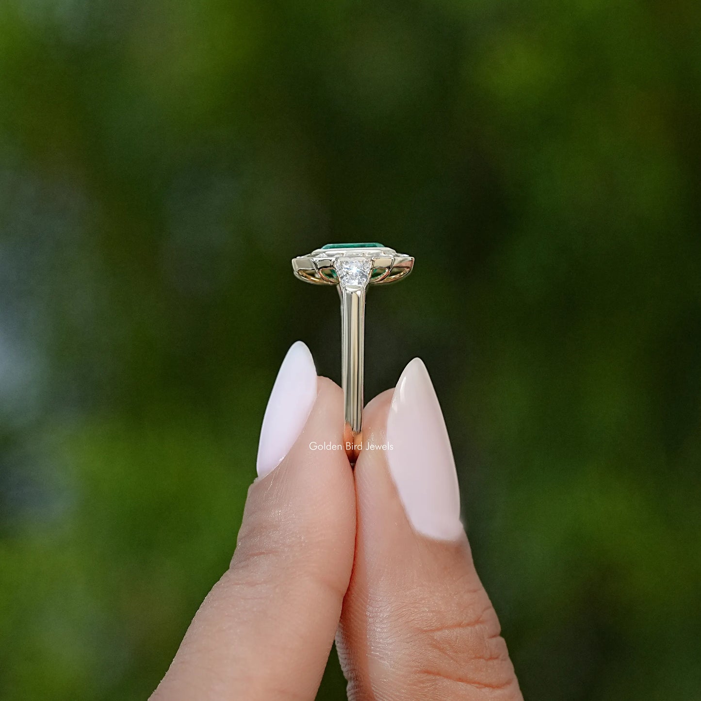 Green Emerald Halo Gemstone Engagement Ring