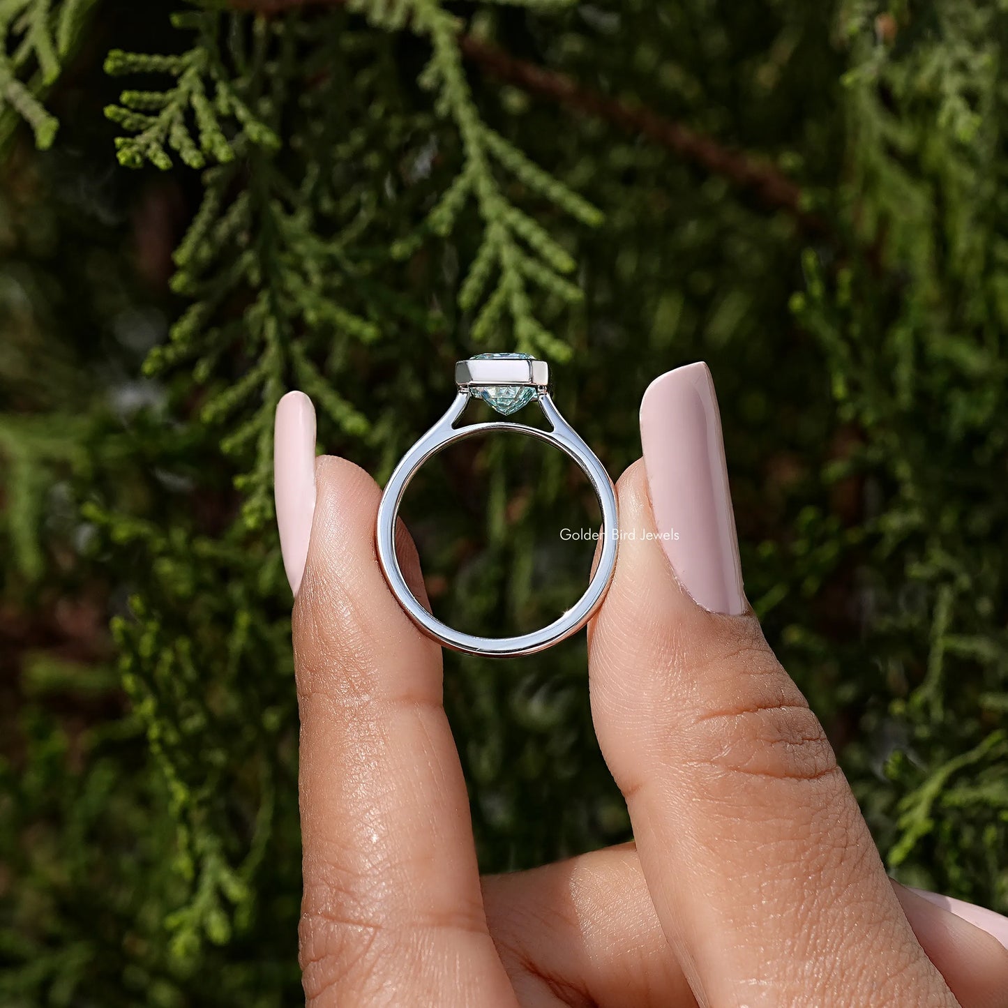 Blue Emerald Gemstone Bezel Set Moissanite Ring