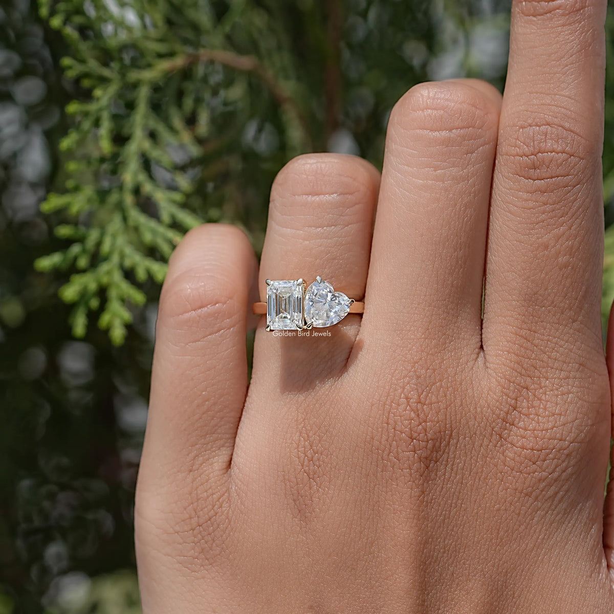 Heart and Emerald Cut Moissanite Toi Et Moi Ring