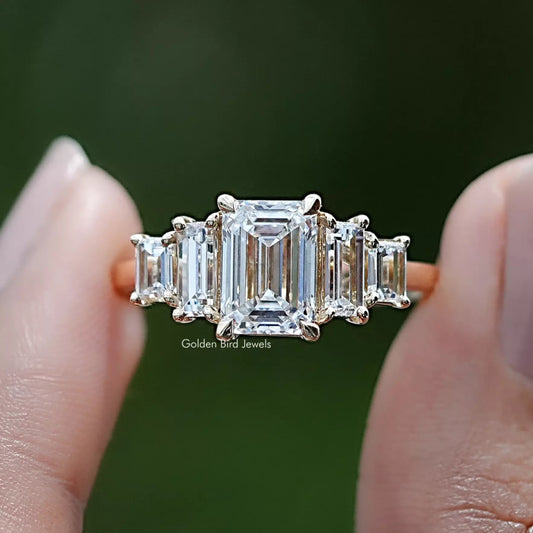 Emerald And Baguette Lab Diamond Five Stone Ring In Two Fingers