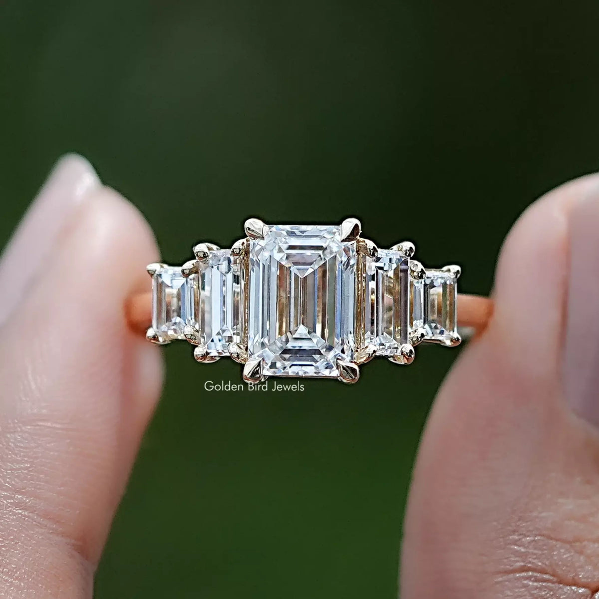 Emerald And Baguette Lab Diamond Five Stone Ring