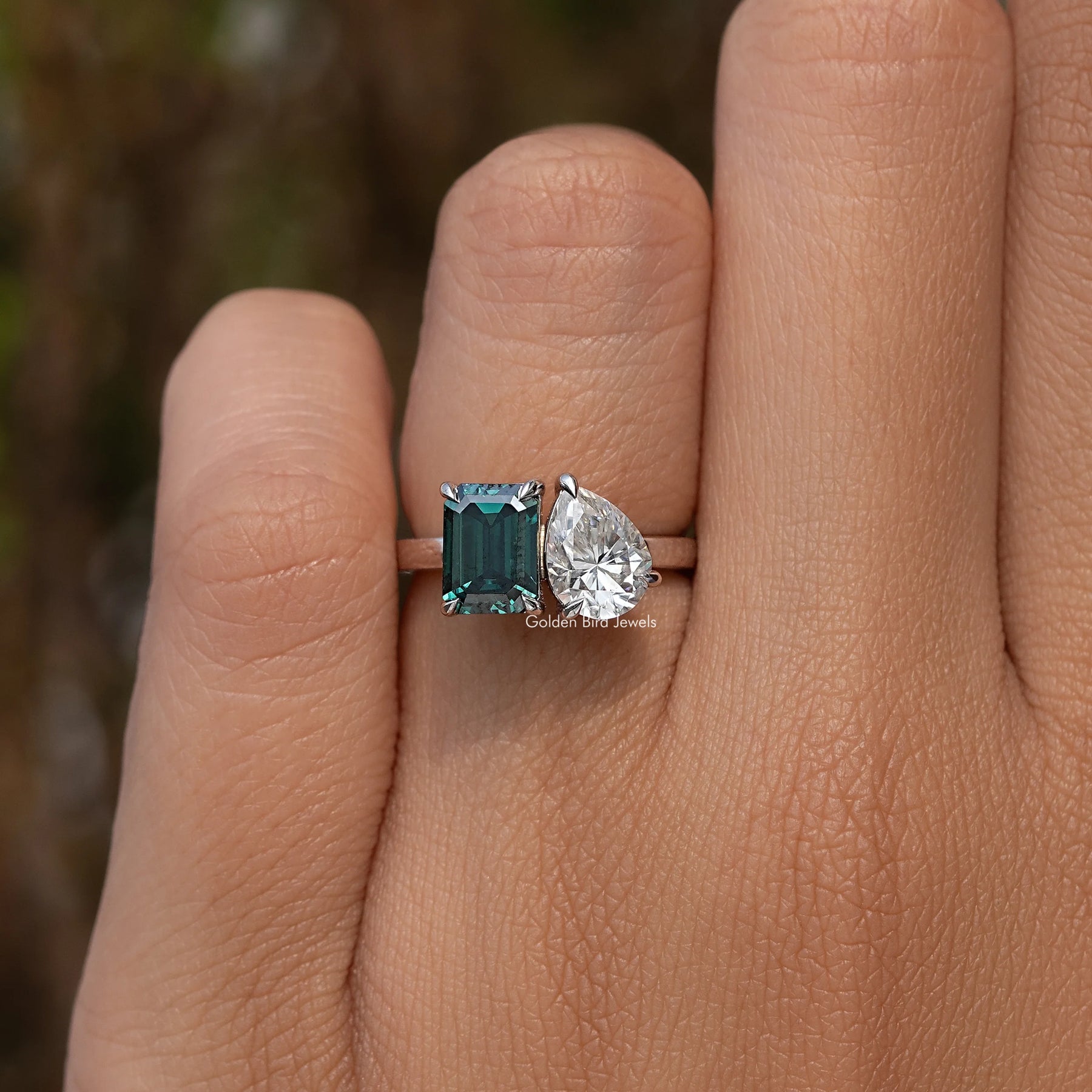 Emerald And Pear Cut Moissanite Two Stone Ring