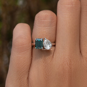 Emerald And Pear Cut Moissanite Two Stone Ring