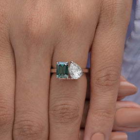Emerald And Pear Cut Moissanite Two Stone Ring