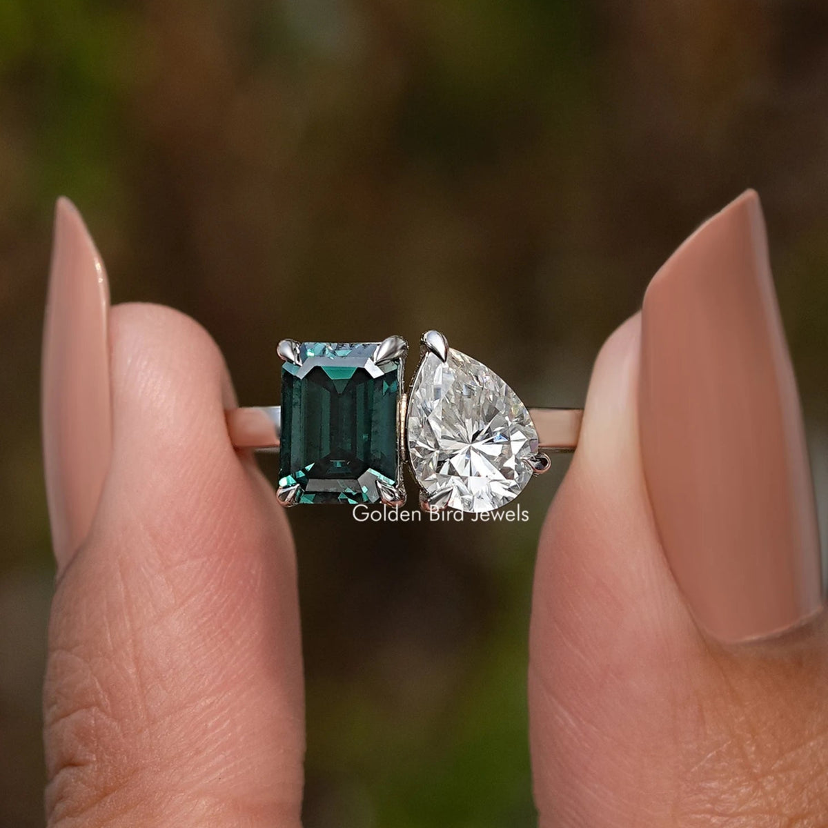 Emerald And Pear Cut Moissanite Two Stone Ring