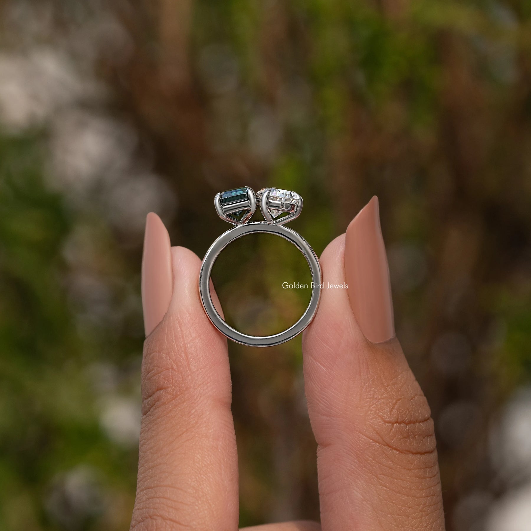 Emerald And Pear Cut Moissanite Two Stone Ring