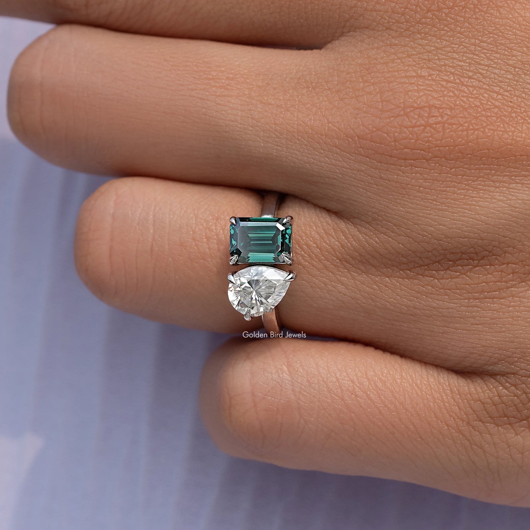 Emerald And Pear Cut Moissanite Two Stone Ring