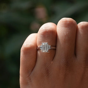 [White Gold Emerald Cut Diamond Ring]-[Golden Bird Jewels]