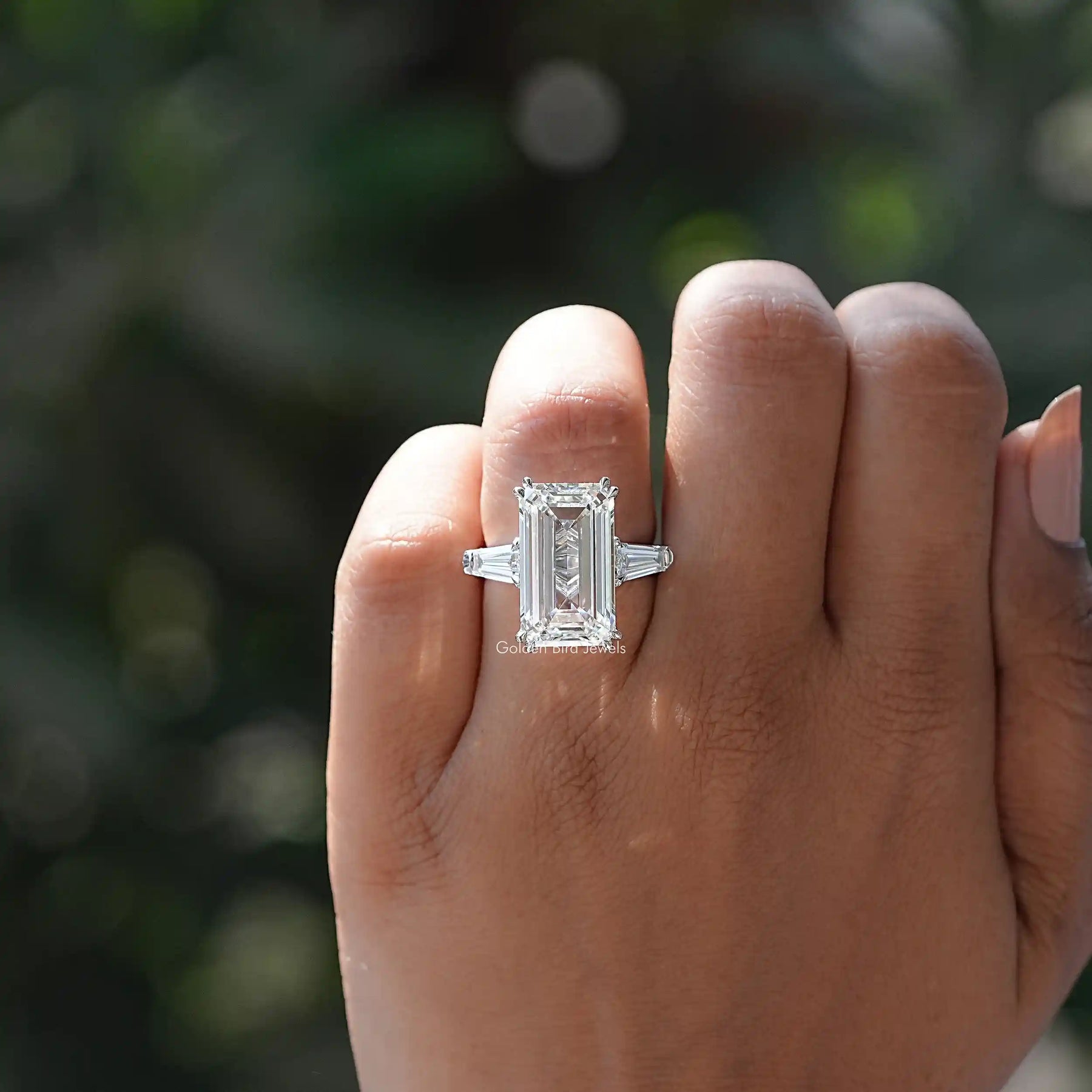 [White Gold Emerald Diamond Ring]-[Golden Bird Jewels]