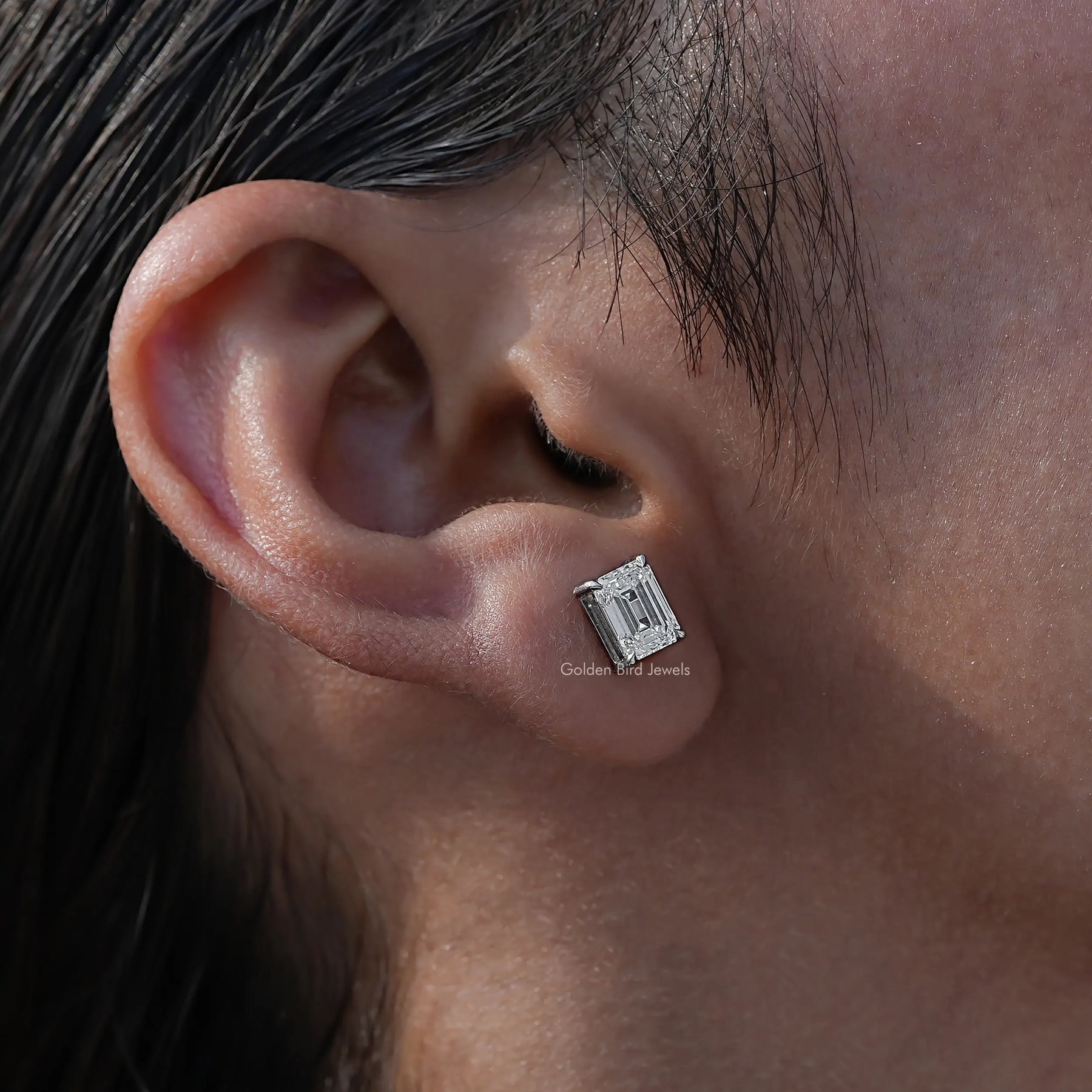 [White Gold Emerald Cut Lab Grown Diamond Studs]-[Golden Bird Jewels]