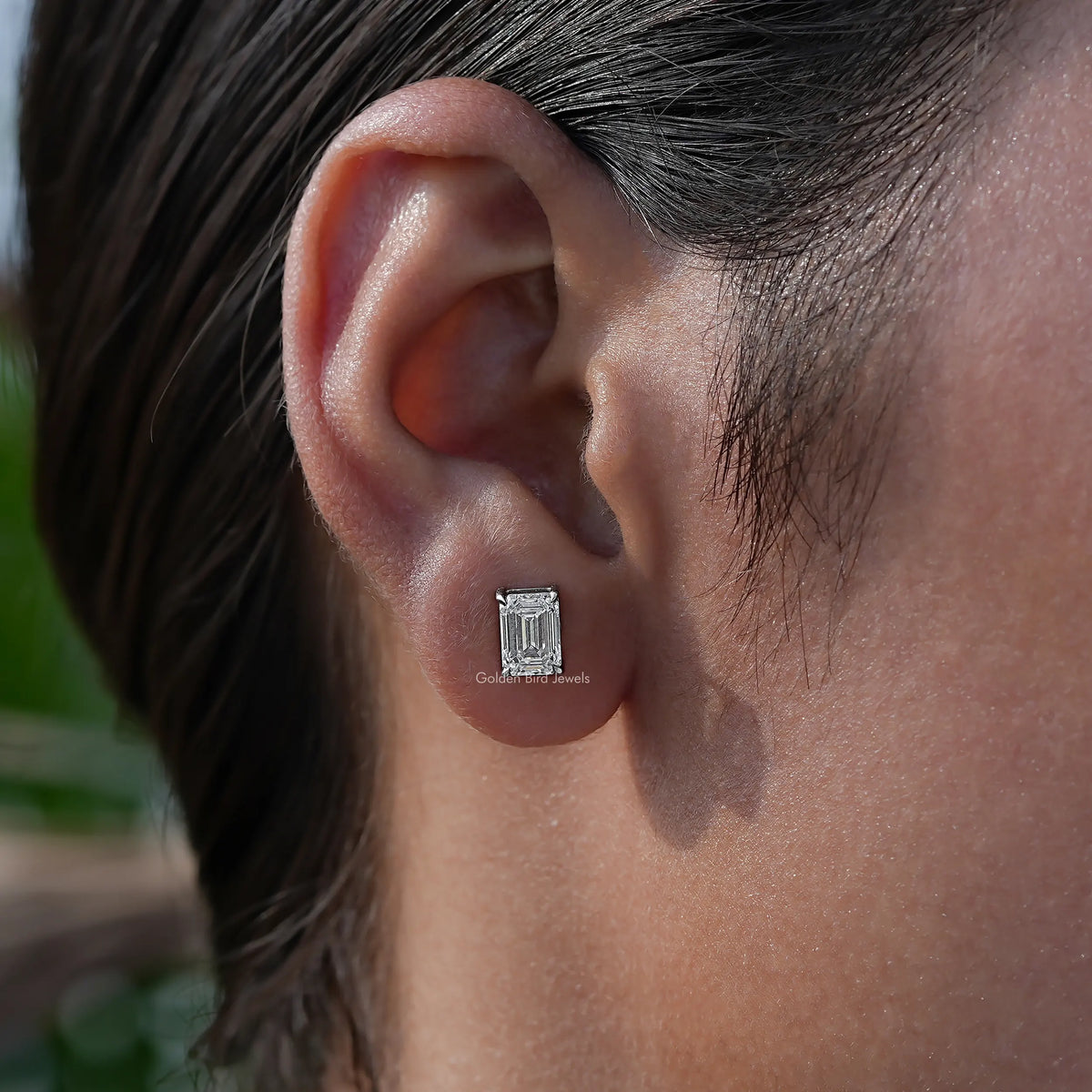 In Ear View Of diamond Stud Earrings in four prongs setting 