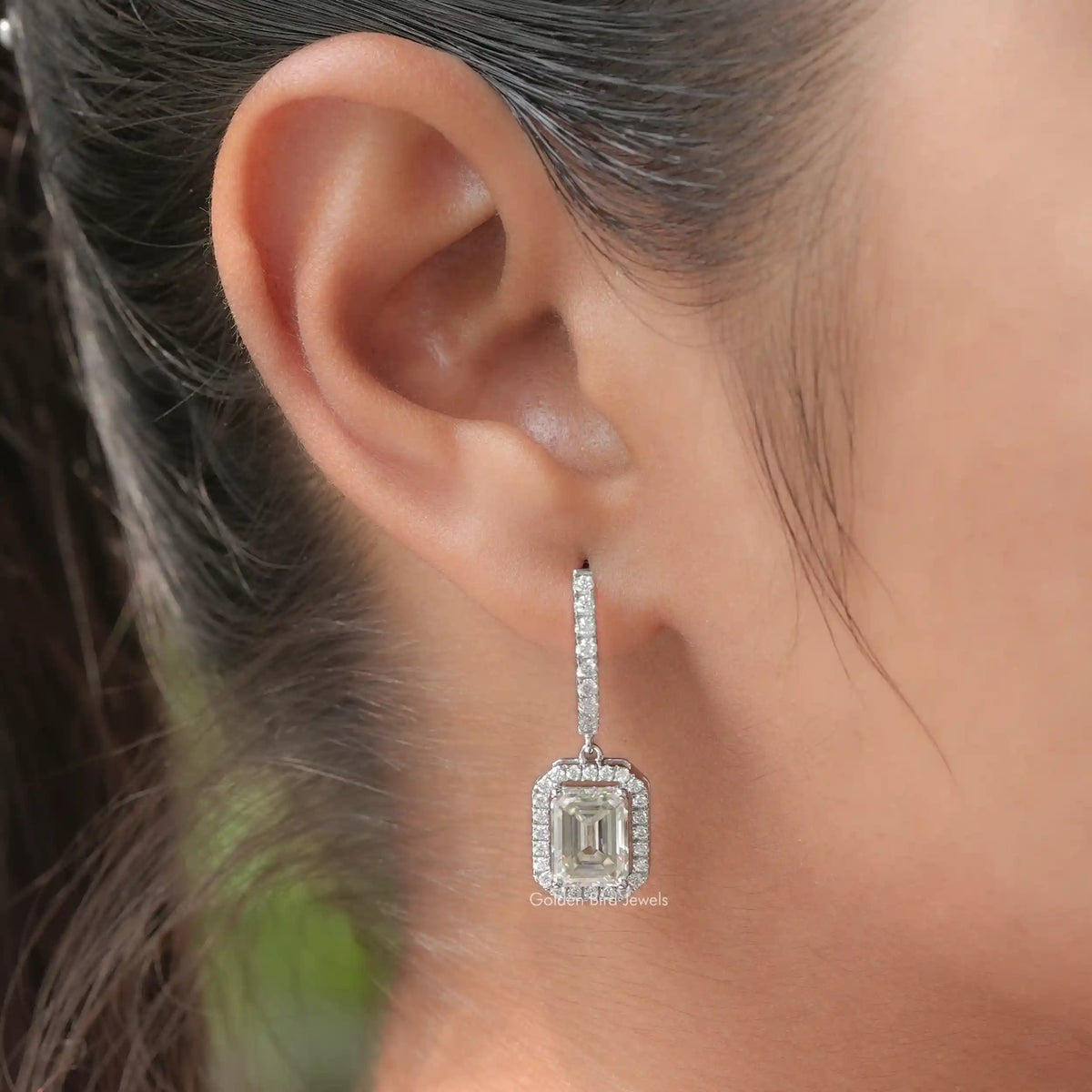 Emerald Cut Halo Moissanite Dangle Drop Earrings