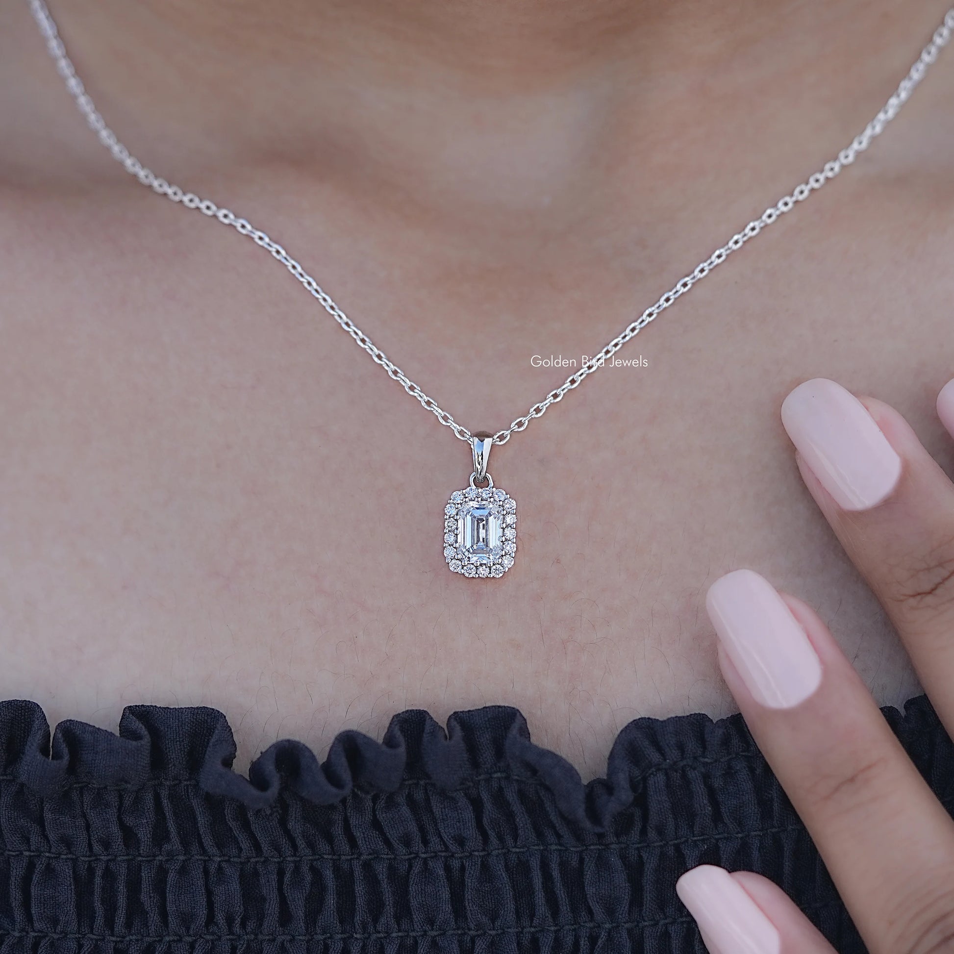 Detailed View of Halo Diamond Pendant in Emerald Cut