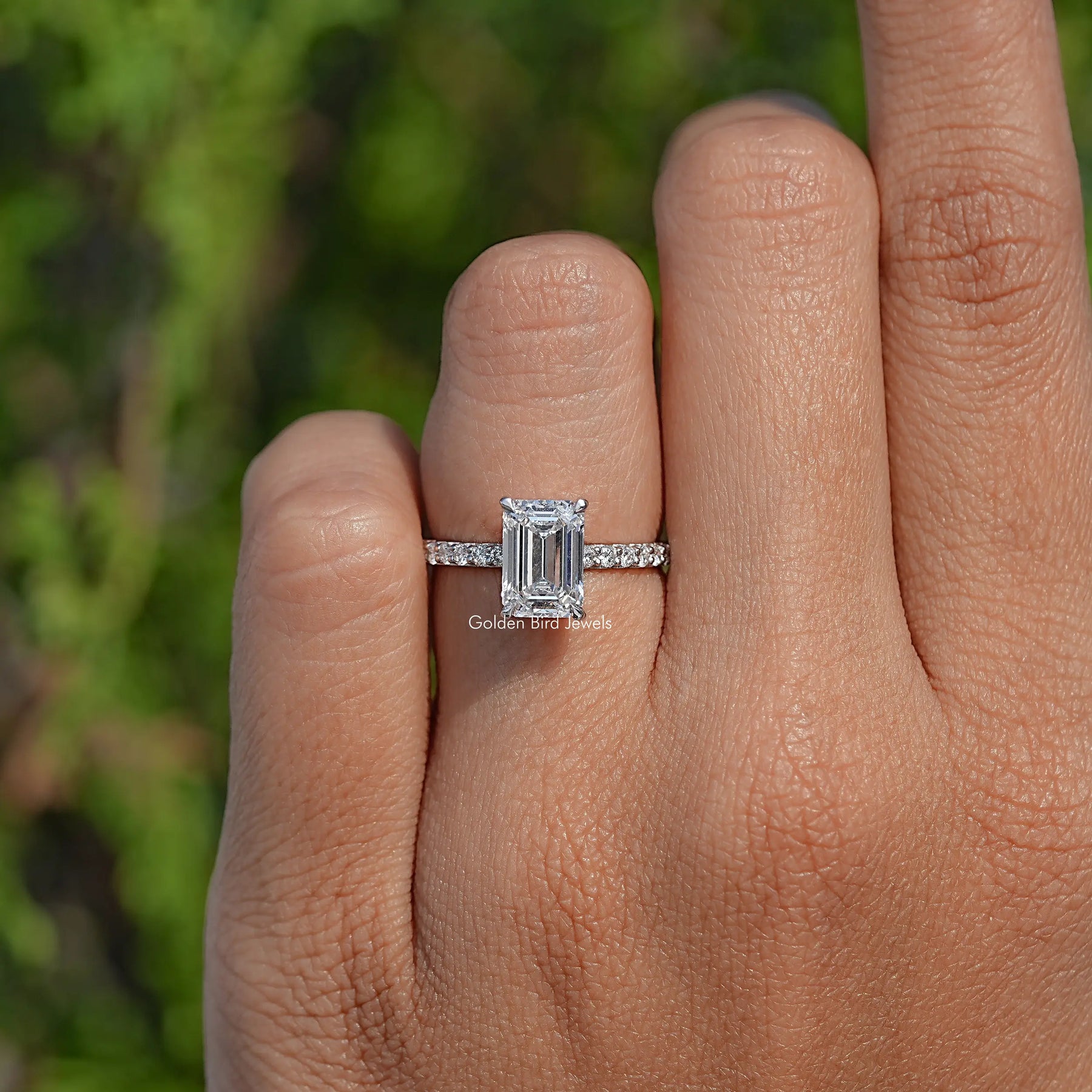 Emerald Lab Diamond Hidden Halo Engagement Ring