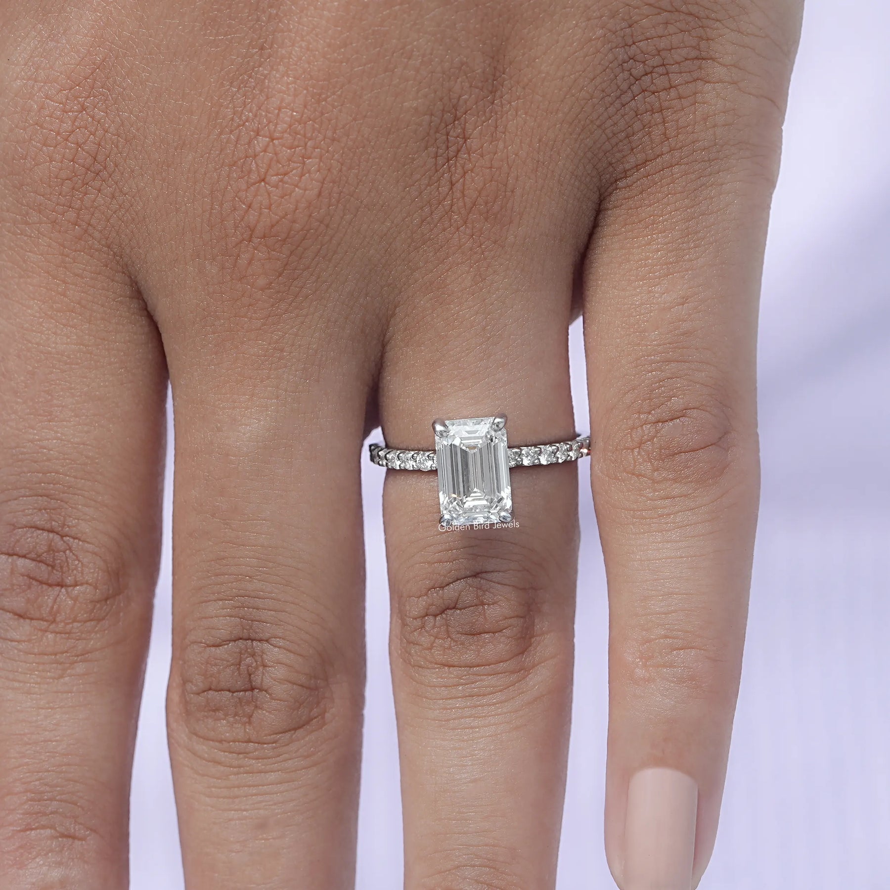 [White Gold Emerald Cut Diamond Engagement Ring]-[Golden Bird Jewels]