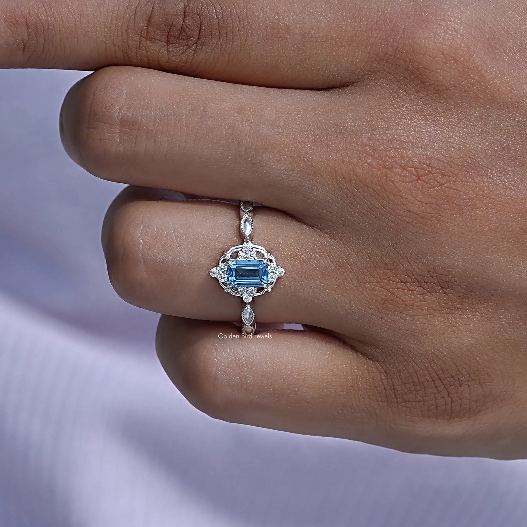 [London Blue Emerald Cut Engagement Ring]-[Golden Bird Jewels]