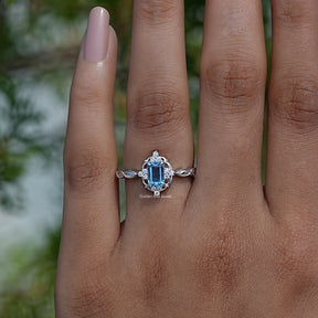 [London Blue Topaz Emerald Cut Halo Ring]-[Golden Bird Jewels]