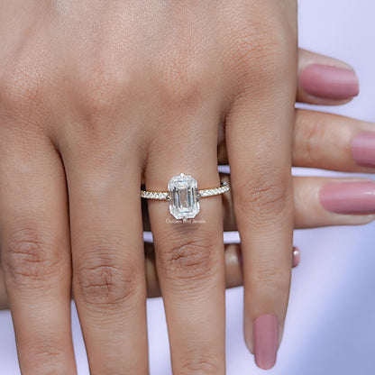 Close view of Emerald Cut Moissanite Engagement Ring