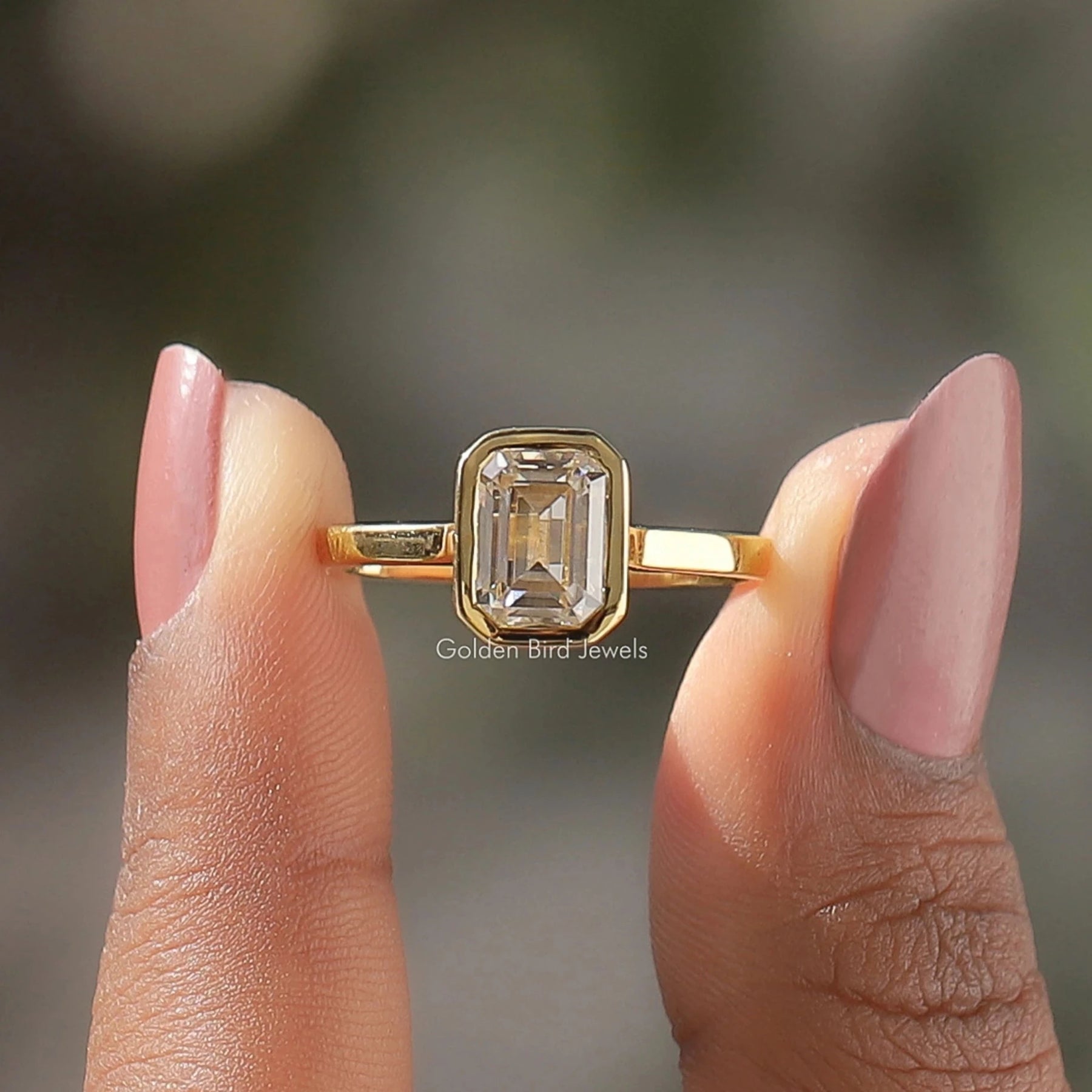 [Moissanite Emerald Cut Bezel Set Ring]-[Golden Bird Jewels]