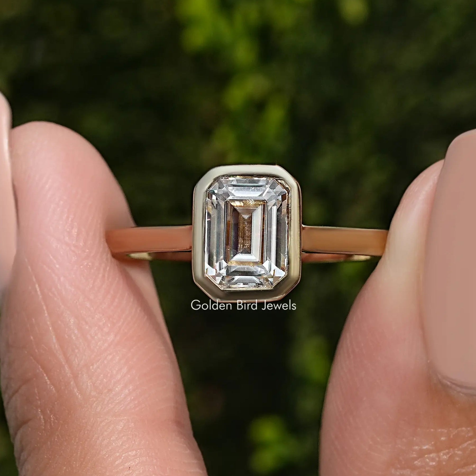 Emerald Cut Moissanite Bezel Set Solitaire Ring