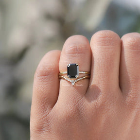 [Black Emerald Cut Moissanite Yellow Gold Ring]-[Golden Bird Jewels]