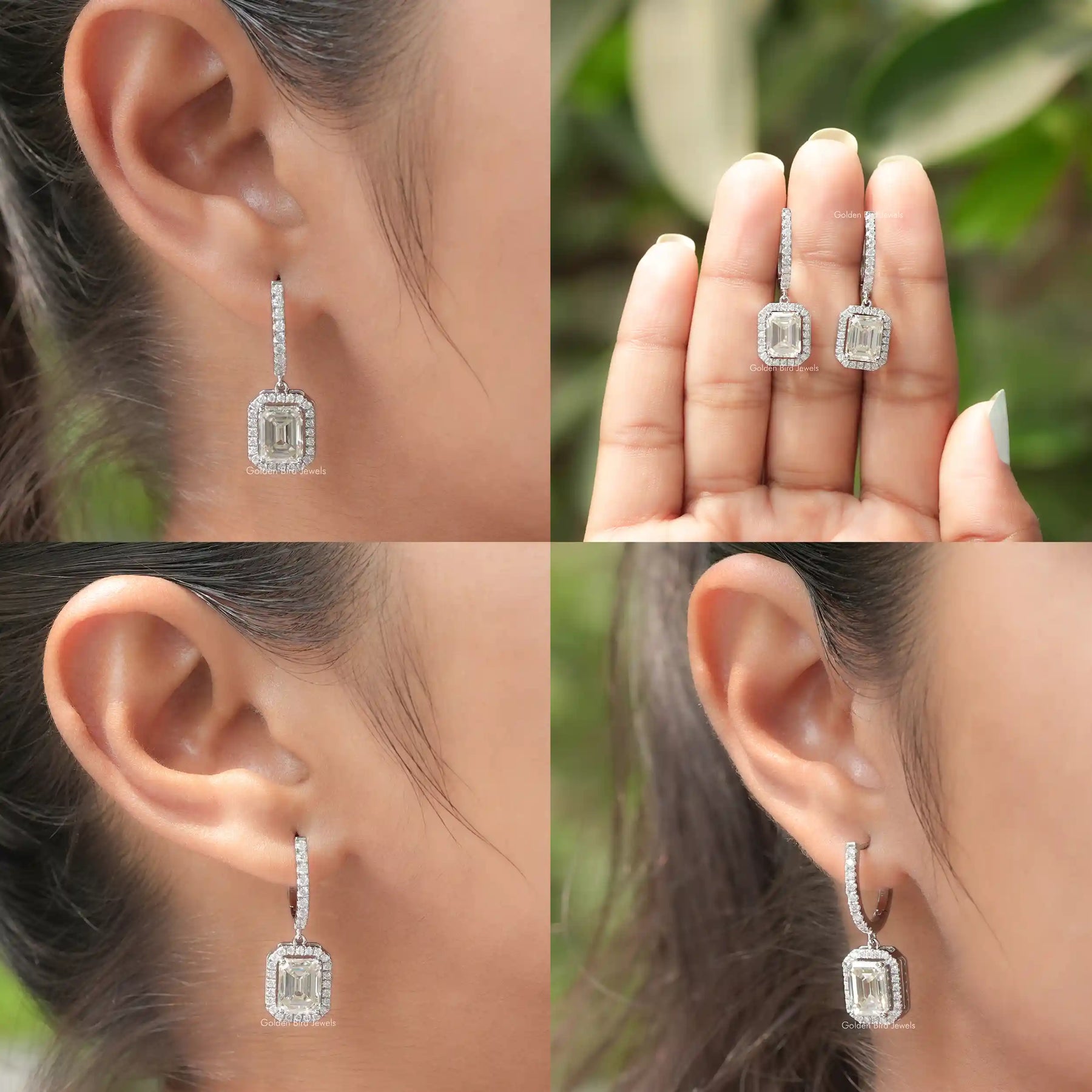 Emerald Cut Halo Moissanite Dangle Drop Earrings