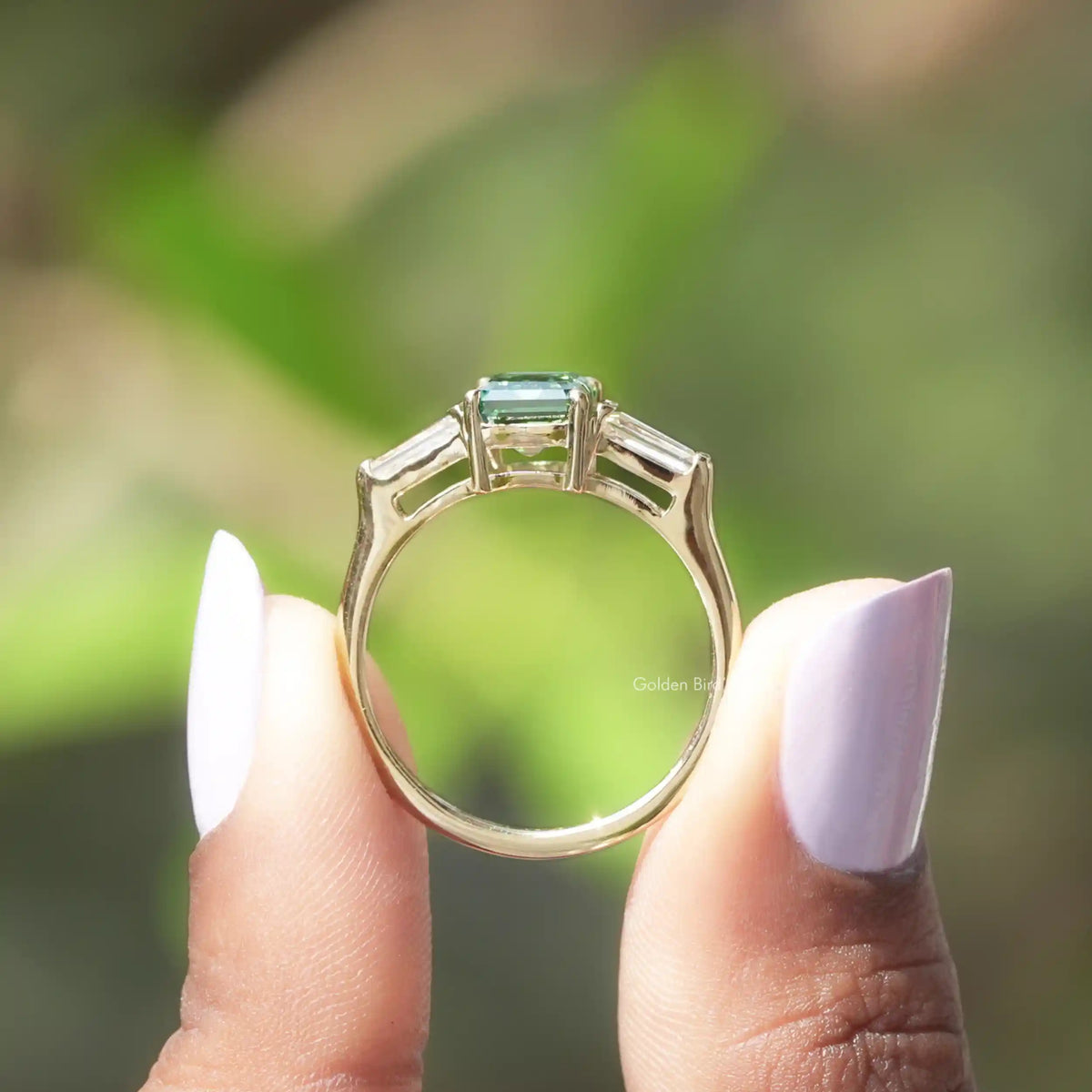 [3 Stone Emerald Cut Moissanite Ring]-[Golden Bird Jewels]