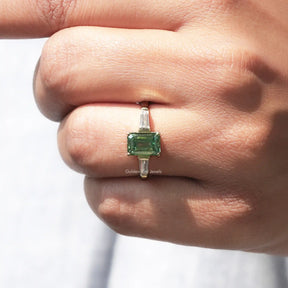 View of Green Emerald Cut Moissanite Ring In finger